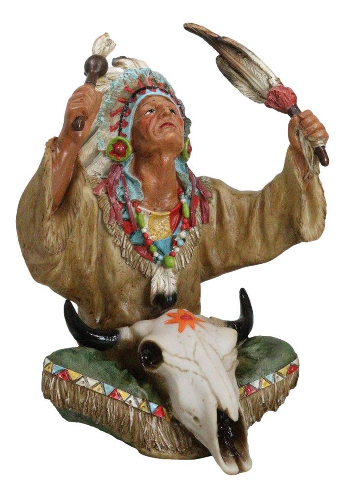 Ebros Gift Indian Tribal Chief With Headdress Roach And Bull Skull Ritual Ceremony Figurine