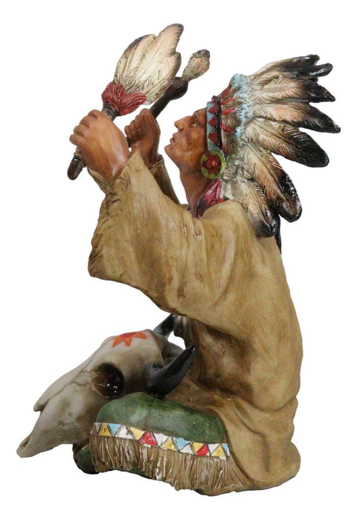 Ebros Gift Indian Tribal Chief With Headdress Roach And Bull Skull Ritual Ceremony Figurine