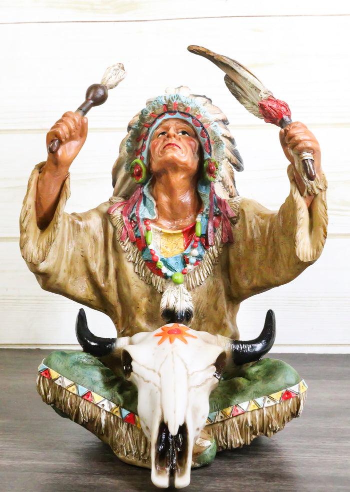 ebros gift Indian Tribal Chief With Headdress Roach And Bull Skull Ritual Ceremony Figurine