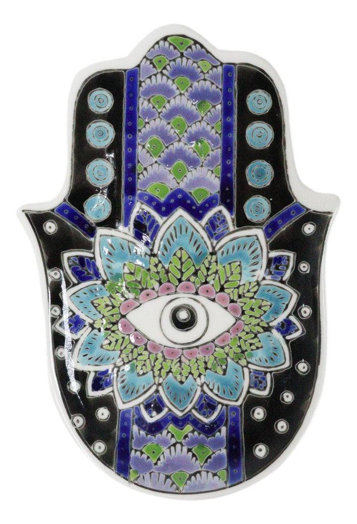 ebros gift Indigo Chakra Hamsa Palm Mandala and Evil Eye Ceramic Dish Brass Incense Holder