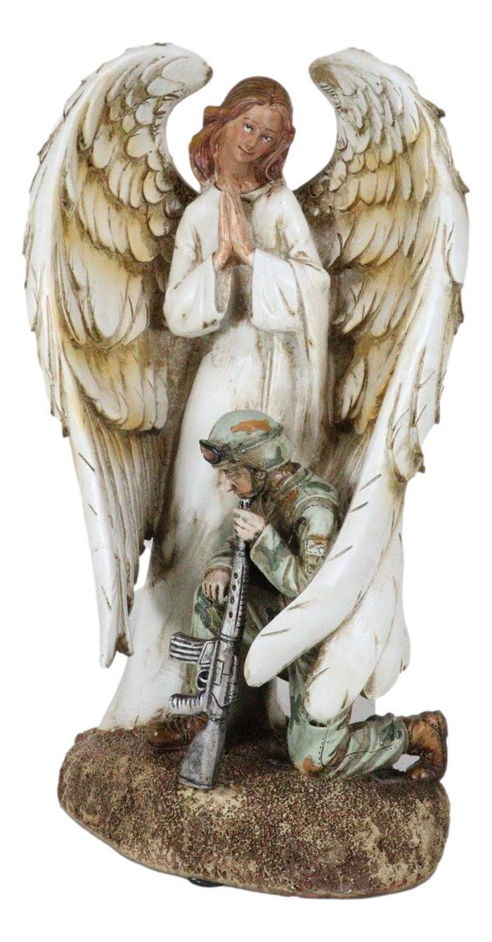 Ebros Gift Inspirational Memorial Kneeling Soldier With Guardian Angel Praying Figurine