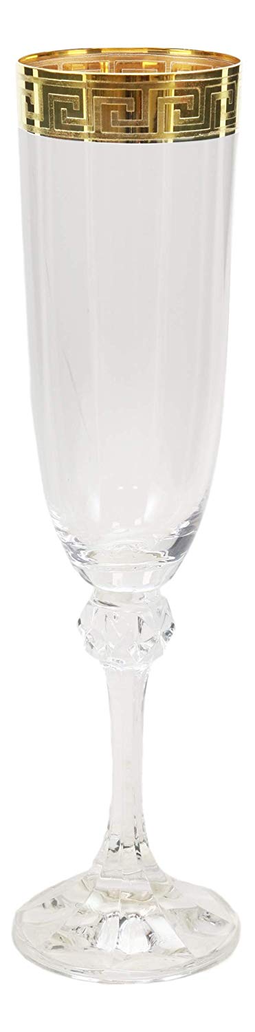 Ebros Gift Italian 14K Gold Greek Key Greca Border 9" Champagne Flute Wine Glass Set Of 6