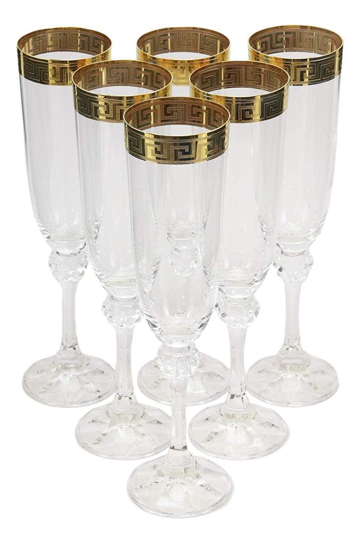 Ebros Gift Italian 14K Gold Greek Key Greca Border 9" Champagne Flute Wine Glass Set Of 6