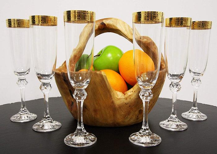 ebros gift Italian 14K Gold Greek Key Greca Border 9" Champagne Flute Wine Glass Set of 6