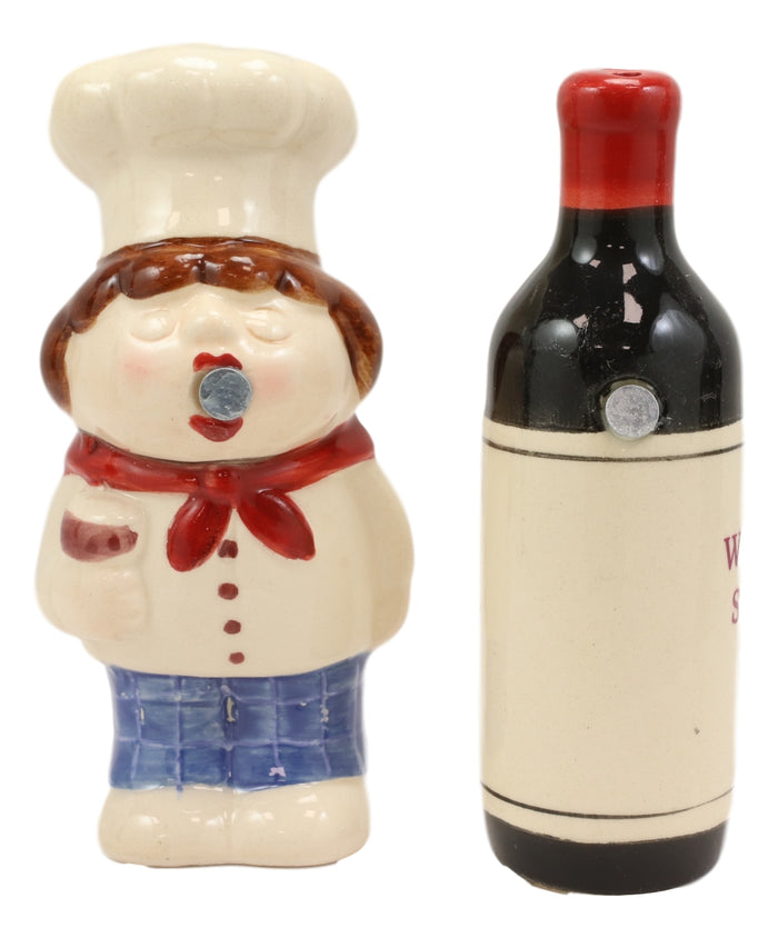Ebros Gift Italian Drunk Chef Kissing Wine Bottle Ceramic Salt Pepper Shakers Figurine Set