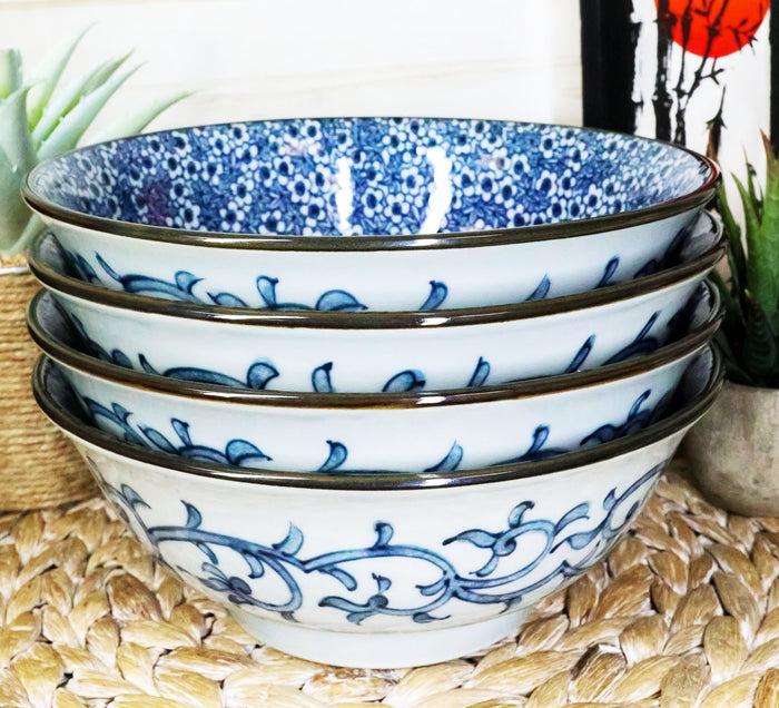ebros gift Japan Made Blue & White Ming Style Floral Blossoms Ceramic Soup Bowls Pack of 4