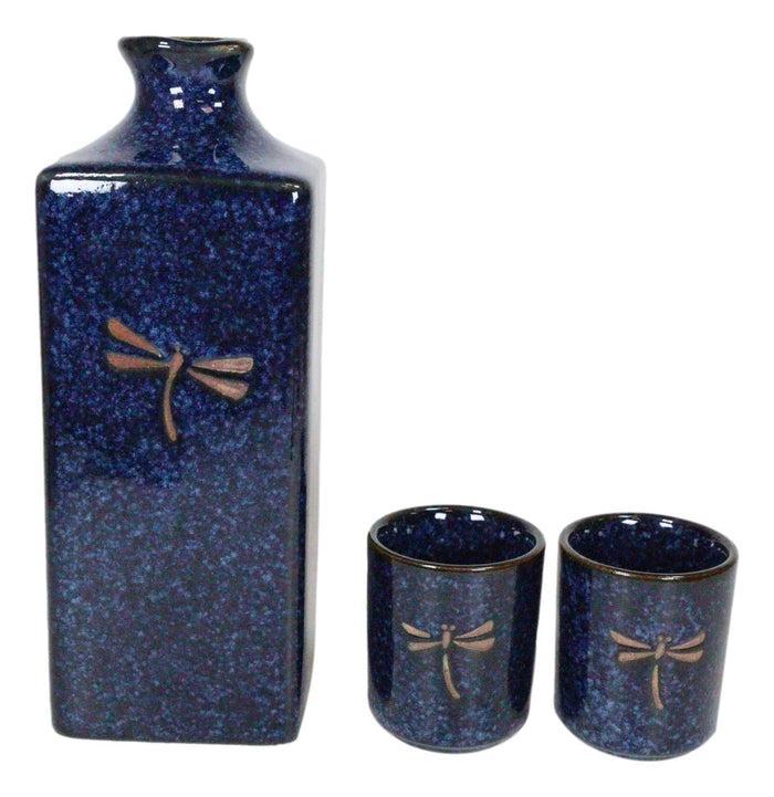 Ebros Gift Japanese 14oz Ceramic Midnight Blue Dragonfly Tombo Sake Set Flask With Four Cups