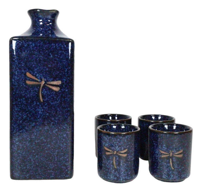 Ebros Gift Japanese 14oz Ceramic Midnight Blue Dragonfly Tombo Sake Set Flask With Four Cups