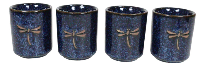 Ebros Gift Japanese 14oz Ceramic Midnight Blue Dragonfly Tombo Sake Set Flask With Four Cups
