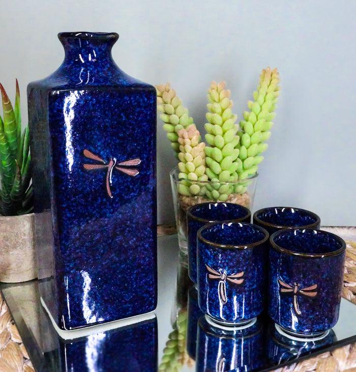 ebros gift Japanese 14oz Ceramic Midnight Blue Dragonfly Tombo Sake Set Flask With Four Cups