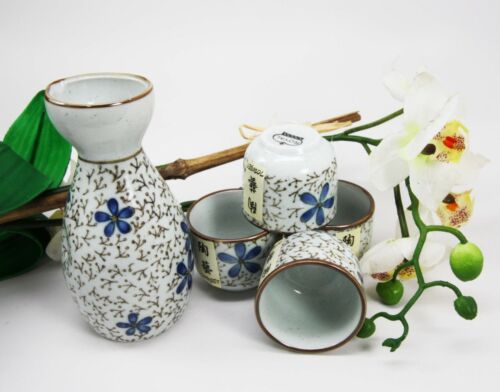Ebros Gift Japanese 7oz Blue White Sakura Cherry Blossoms Sake Flask With Four Cups Set