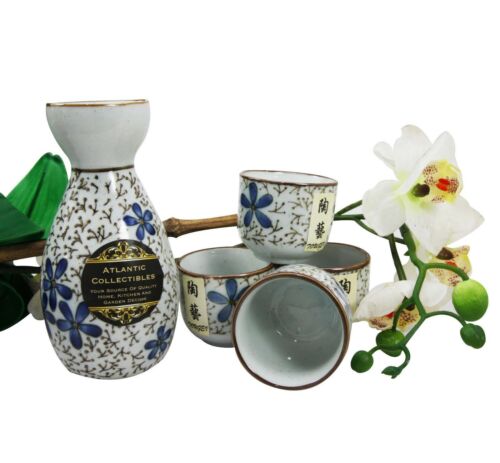Ebros Gift Japanese 7oz Blue White Sakura Cherry Blossoms Sake Flask With Four Cups Set