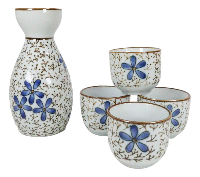 Ebros Gift Japanese 7oz Blue White Sakura Cherry Blossoms Sake Flask With Four Cups Set