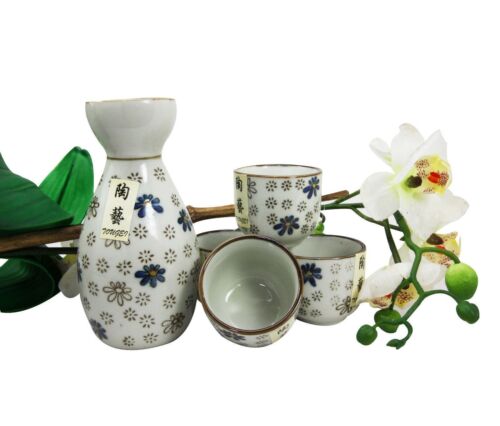 Ebros Gift Japanese 7oz Blue White Sakura Cherry Blossoms Sake Flask With Four Cups Set