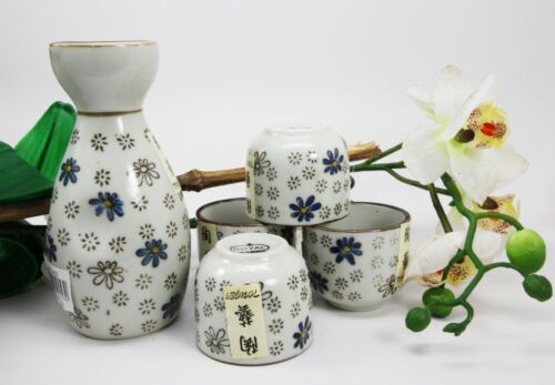 Ebros Gift Japanese 7oz Blue White Sakura Cherry Blossoms Sake Flask With Four Cups Set
