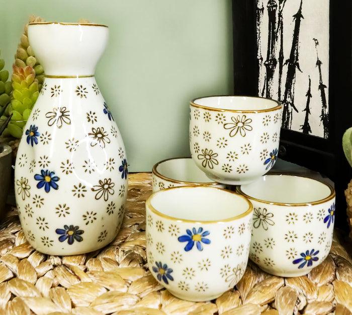 ebros gift Japanese 7oz Blue White Sakura Cherry Blossoms Sake Flask With Four Cups Set