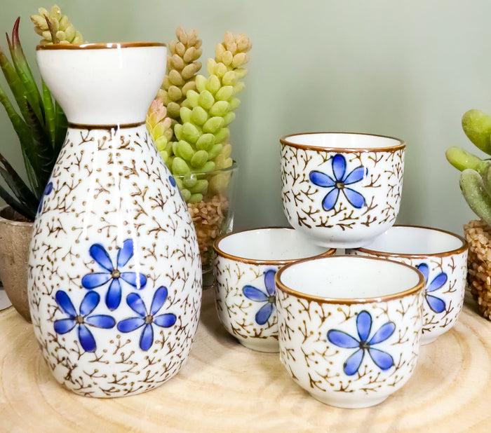 ebros gift Japanese 7oz Blue White Sakura Cherry Blossoms Sake Flask With Four Cups Set