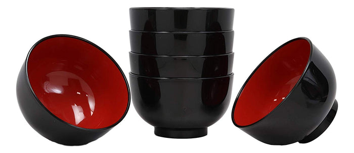 Ebros Gift Japanese Black Red Lacquer Copolymer Plastic 5.5"Dia Small Bowl 16oz Set Of 6