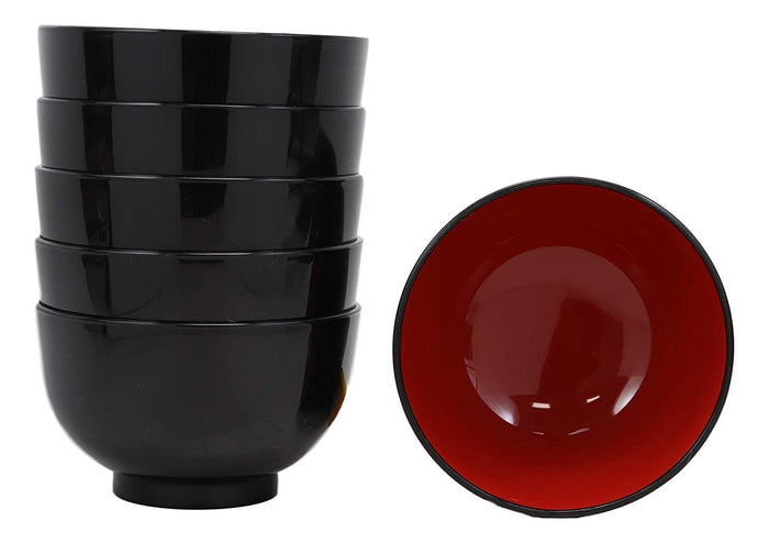Ebros Gift Japanese Black Red Lacquer Copolymer Plastic 5.5"Dia Small Bowl 16oz Set Of 6