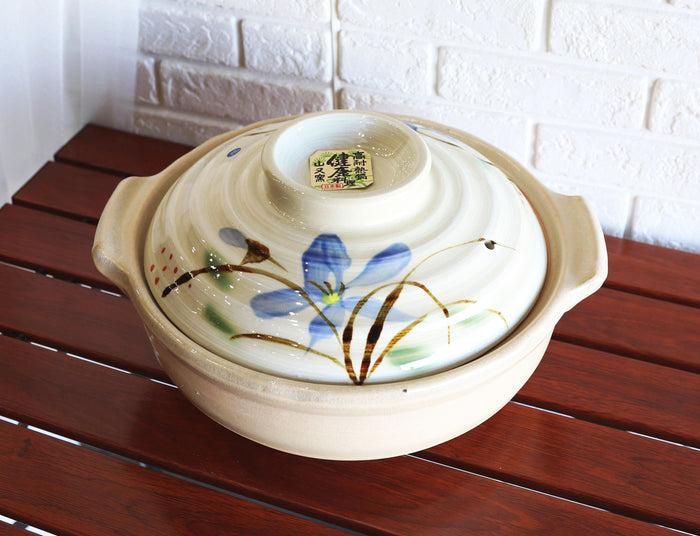 ebros gift Japanese Blue Floral Donabe Stoneware Hot Clay Pot Casserole With Lid 72 FLOZ