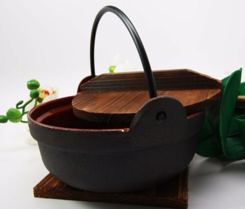 Ebros Gift Japanese Cast Iron Sukiyaki Shabu Nabemono Personal Size Hot Pot With Wooden Lid