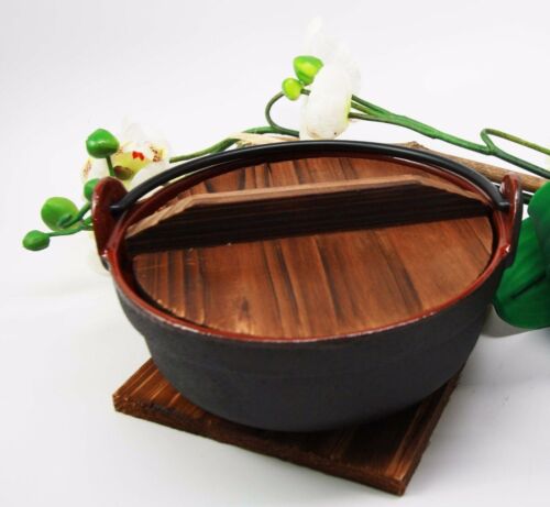 Ebros Gift Japanese Cast Iron Sukiyaki Shabu Nabemono Personal Size Hot Pot With Wooden Lid