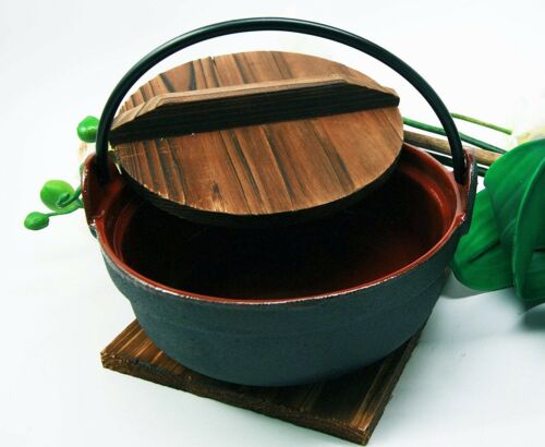 Ebros Gift Japanese Cast Iron Sukiyaki Shabu Nabemono Personal Size Hot Pot With Wooden Lid