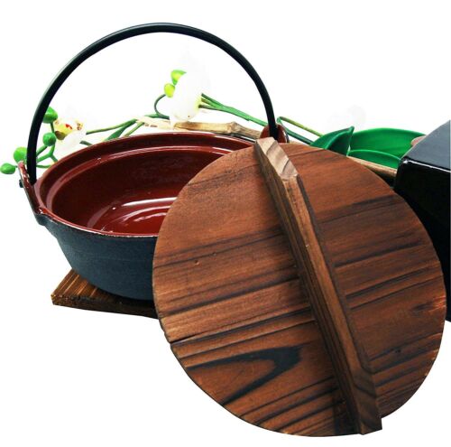ebros gift Japanese Cast Iron Sukiyaki Shabu Nabemono Personal Size Hot Pot With Wooden Lid