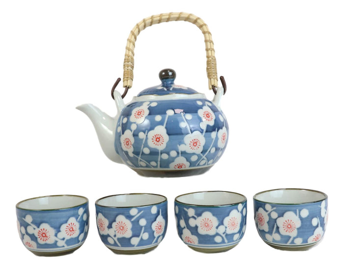 Ebros Gift Japanese Cherry Blossom Blue Ceramic 24oz Tea Pot With 4 Cups And Strainer Set