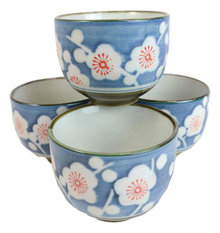 Ebros Gift Japanese Cherry Blossom Blue Ceramic 24oz Tea Pot With 4 Cups And Strainer Set