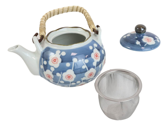 Ebros Gift Japanese Cherry Blossom Blue Ceramic 24oz Tea Pot With 4 Cups And Strainer Set