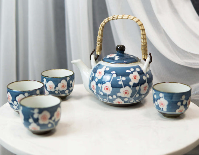 ebros gift Japanese Cherry Blossom Blue Ceramic 24oz Tea Pot With 4 Cups And Strainer Set