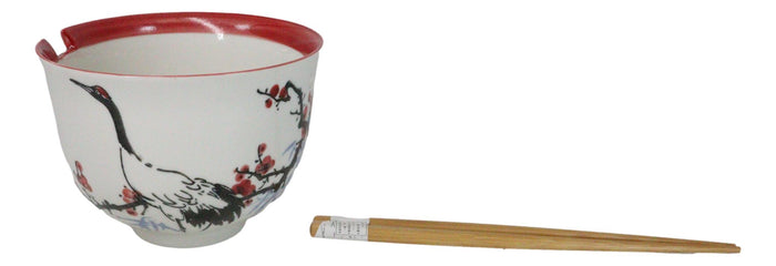 Ebros Gift Japanese Crane On Cherry Blossoms Ceramic Donburi Ramen Bowl With Chopsticks Set