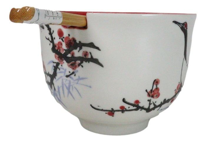 Ebros Gift Japanese Crane On Cherry Blossoms Ceramic Donburi Ramen Bowl With Chopsticks Set