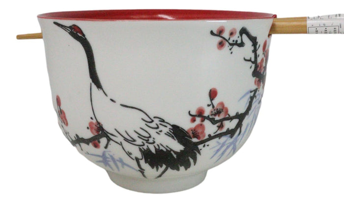 ebros gift Japanese Crane On Cherry Blossoms Ceramic Donburi Ramen Bowl With Chopsticks Set