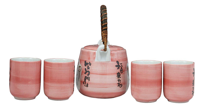 Ebros Gift Japanese Design Maneki Neko Lucky Cat Pink 20oz Ceramic Tea Pot And Cups Set