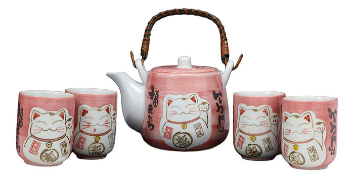 Ebros Gift Japanese Design Maneki Neko Lucky Cat Pink 20oz Ceramic Tea Pot And Cups Set