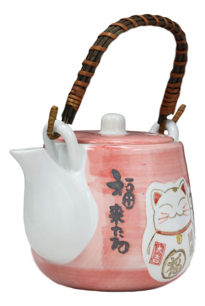 Ebros Gift Japanese Design Maneki Neko Lucky Cat Pink 20oz Ceramic Tea Pot And Cups Set