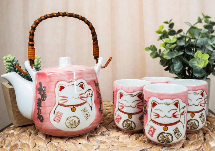 ebros gift Japanese Design Maneki Neko Lucky Cat Pink 20oz Ceramic Tea Pot and Cups Set