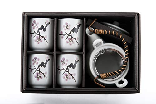 Ebros Gift Japanese Design Pink Cherry Blossoms Sakura Porcelain White Tea Pot And Cups Set