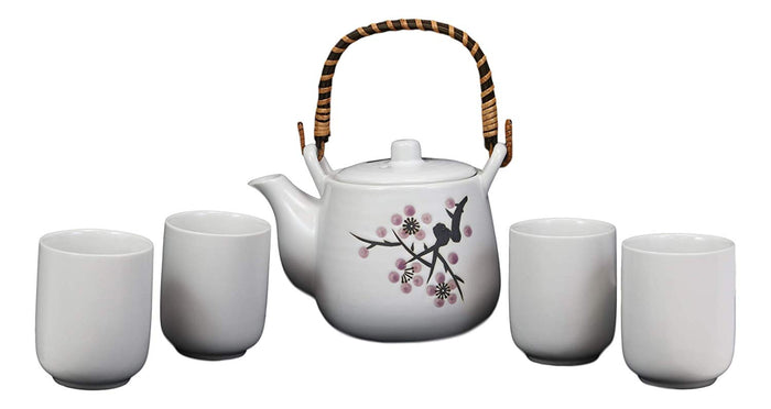 Ebros Gift Japanese Design Pink Cherry Blossoms Sakura Porcelain White Tea Pot And Cups Set