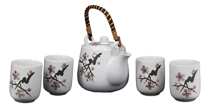 Ebros Gift Japanese Design Pink Cherry Blossoms Sakura Porcelain White Tea Pot And Cups Set