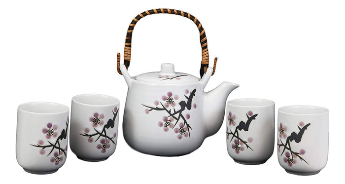 ebros gift Japanese Design Pink Cherry Blossoms Sakura Porcelain White Tea Pot And Cups Set
