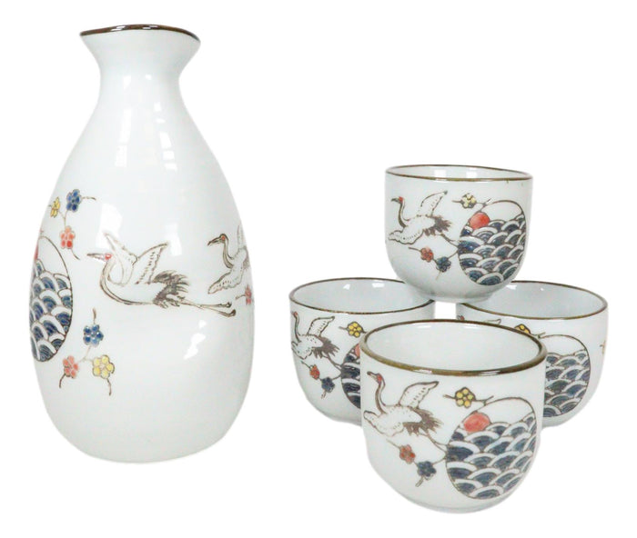 Ebros Gift Japanese Design Stork Flight Bird Ceramic White Sake Set Flask With Four Cups