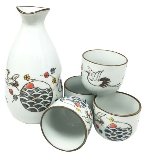 Ebros Gift Japanese Design Stork Flight Bird Ceramic White Sake Set Flask With Four Cups