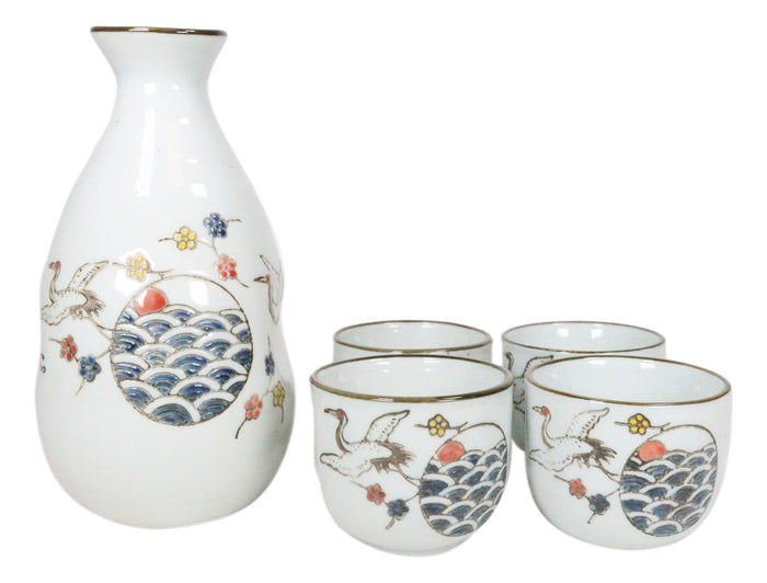 Ebros Gift Japanese Design Stork Flight Bird Ceramic White Sake Set Flask With Four Cups