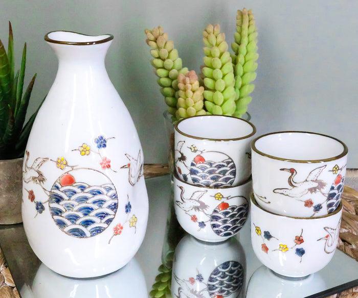 ebros gift Japanese Design Stork Flight Bird Ceramic White Sake Set Flask With Four Cups