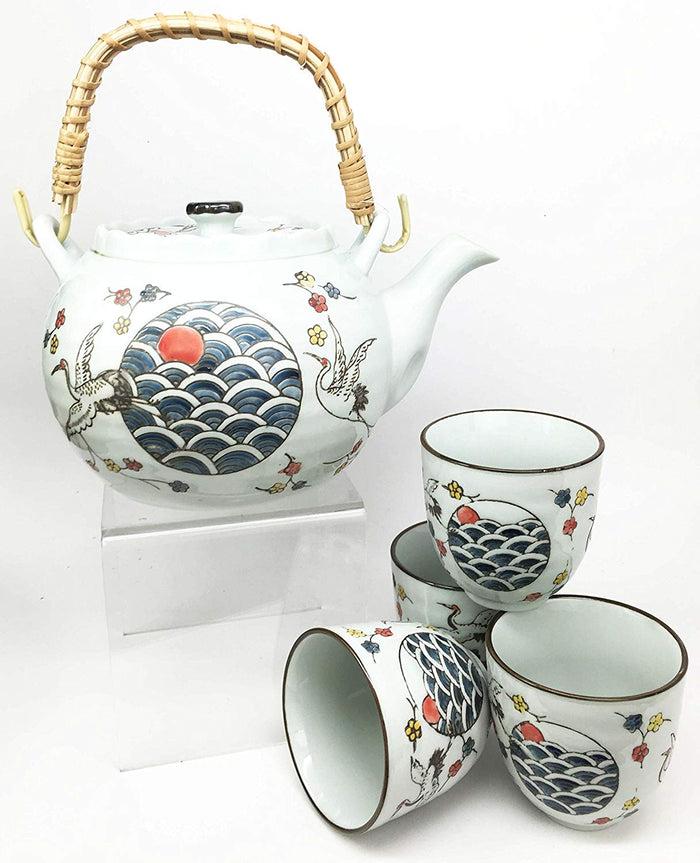 Ebros Gift Japanese Design White Stork Bird Flight Ceramic Tea Pot And Cups Set Serves 4