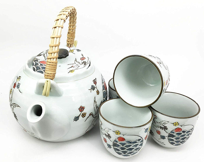 Ebros Gift Japanese Design White Stork Bird Flight Ceramic Tea Pot And Cups Set Serves 4