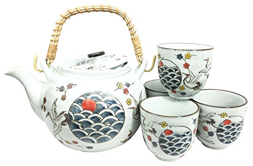 ebros gift Japanese Design White Stork Bird Flight Ceramic Tea Pot and Cups Set Serves 4